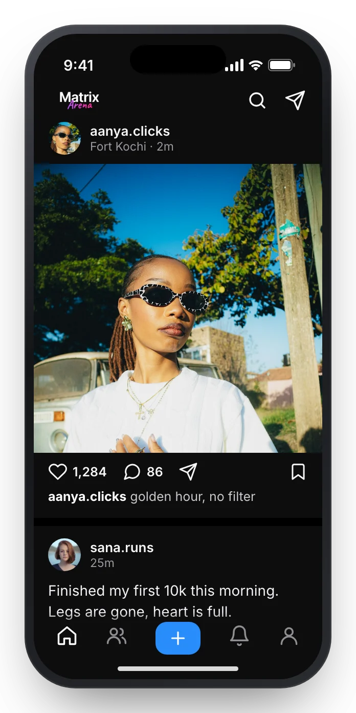 The Matrix Arena feed with a photo post and a text post